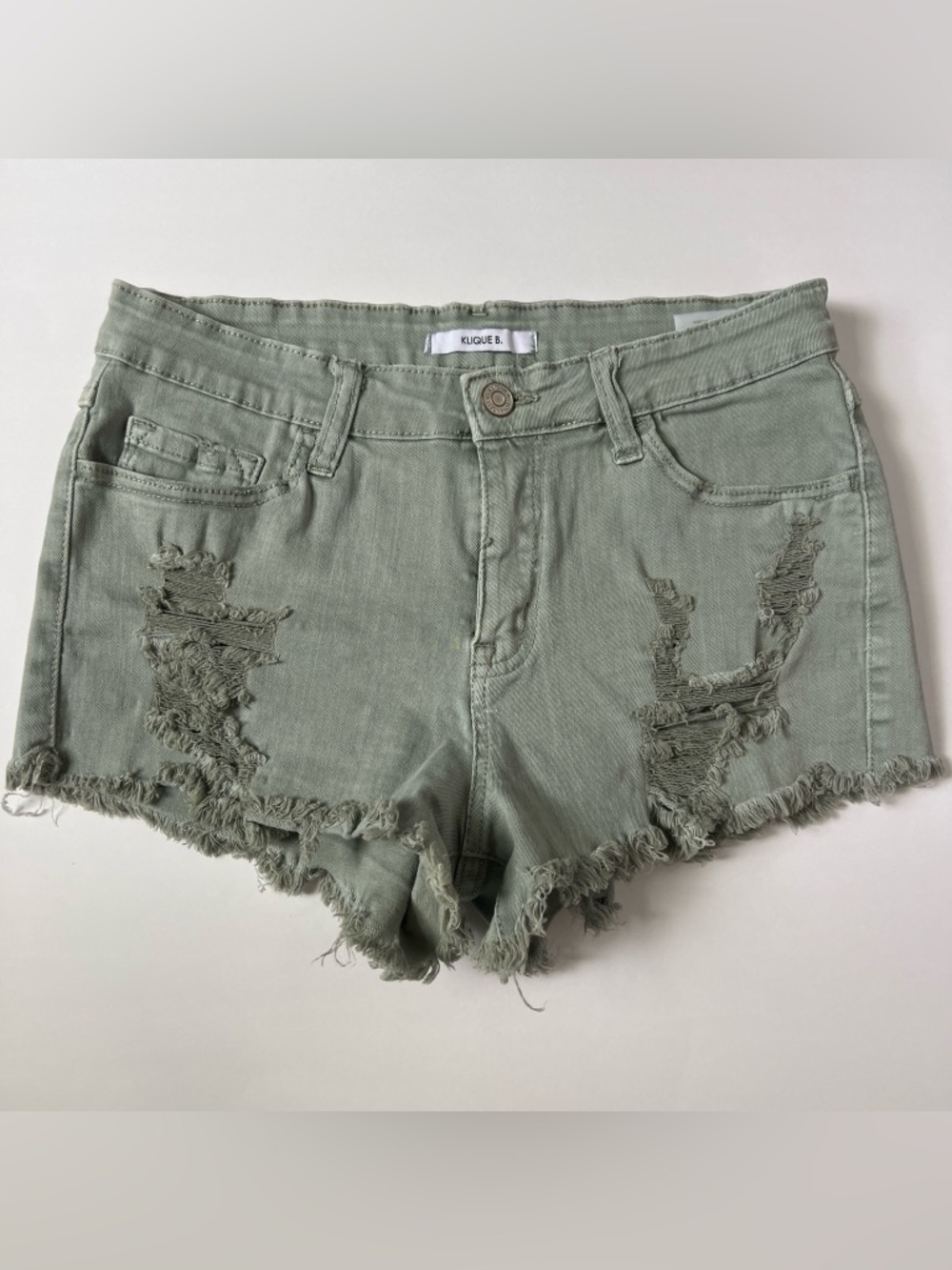 Women's Light Sage Green Distressed Stretch Denim Shorts